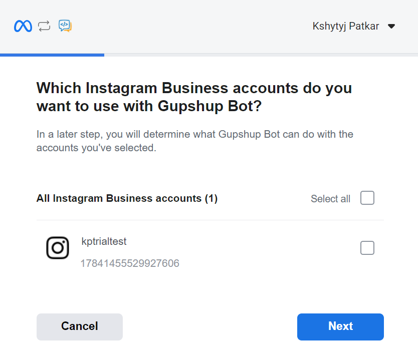 Selecting Instagram business accounts