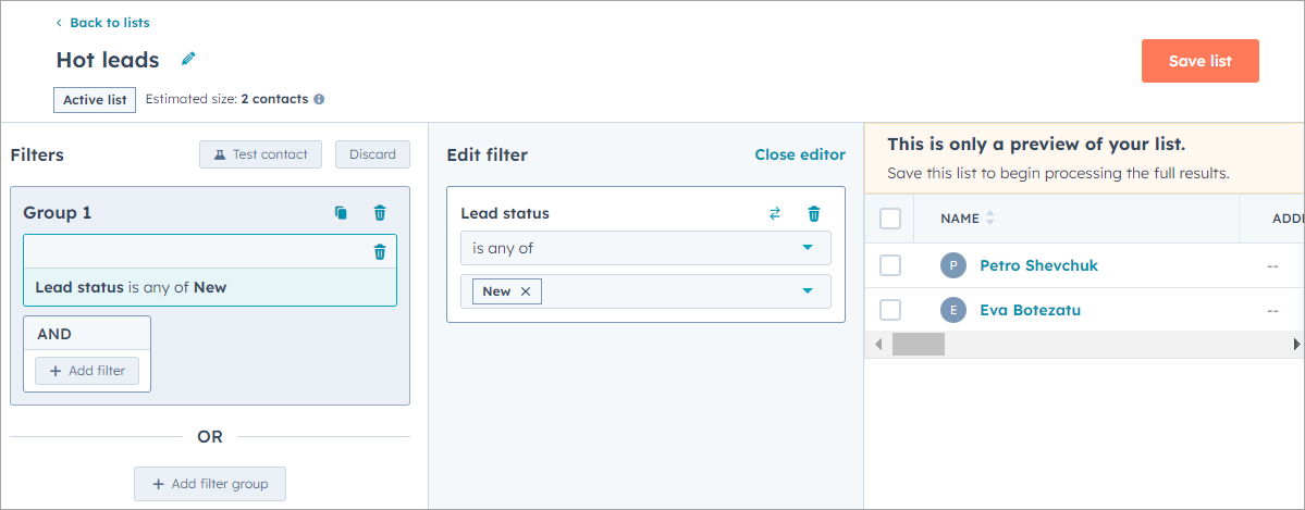 Screenshot of the screen with setting filters for contacts export