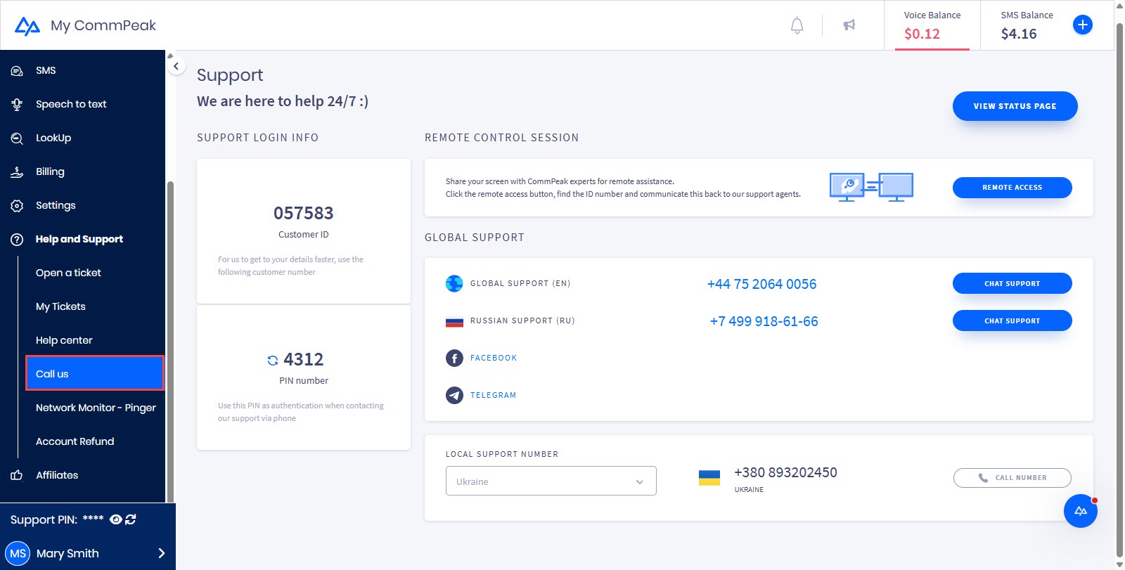 Screenshot of the Support page