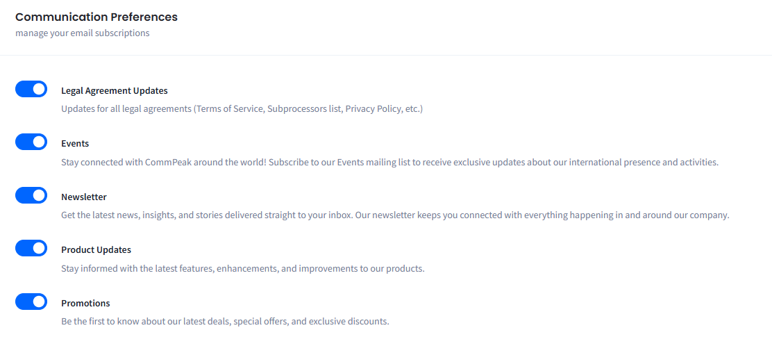 Screenshot of setting communication preferences