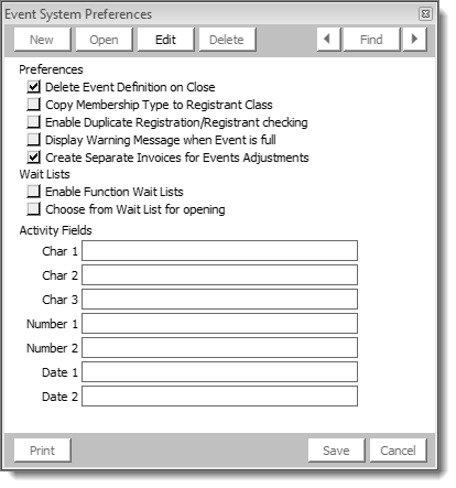 From Events, select Set up module, and click Preferences