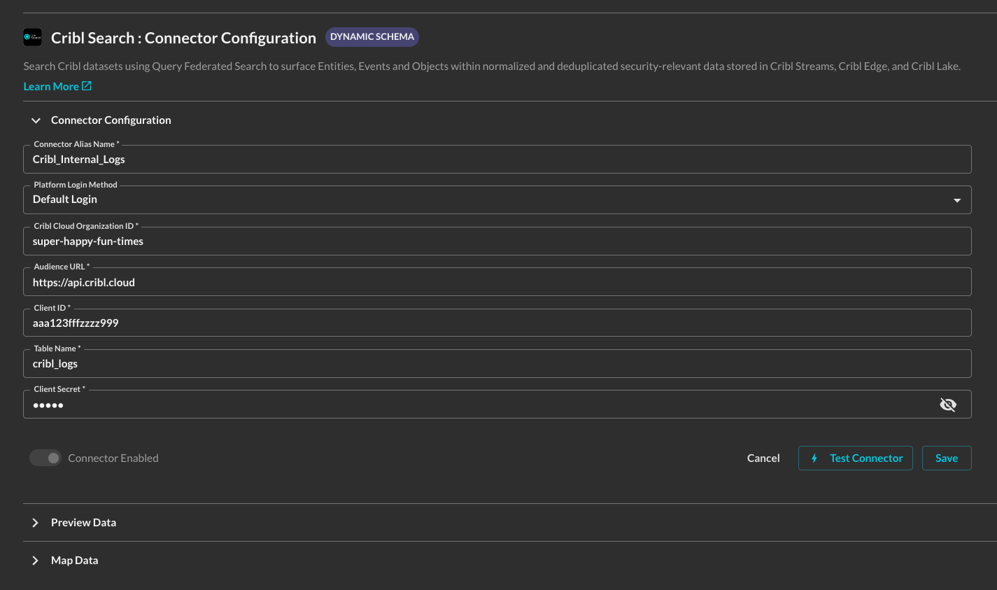 FIG. 5 - A fully populated Cribl Search Connector