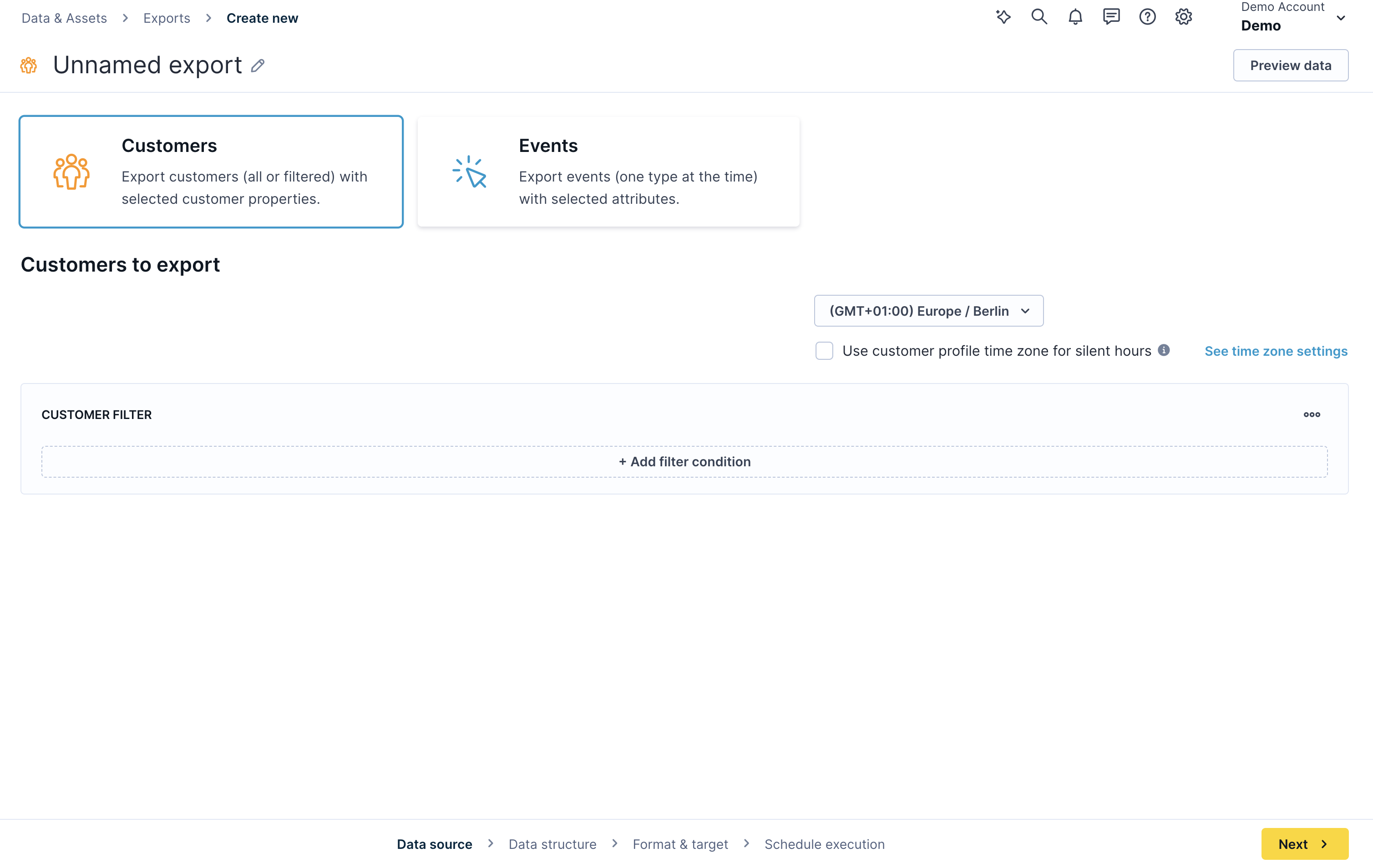 screenshot of the data source selection screen showing customer and event type options