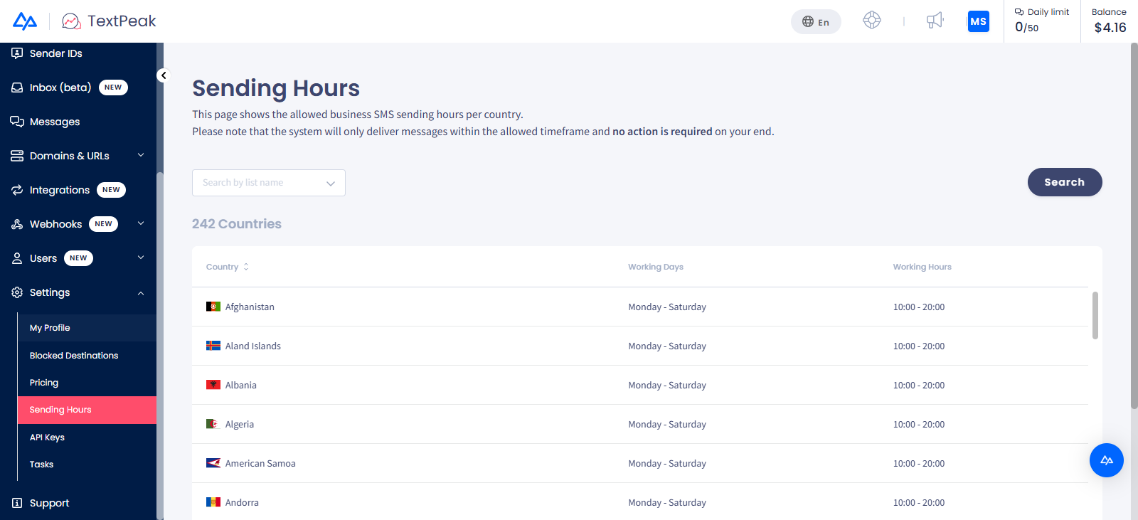Screenshot of the Settings > Sending Hours menu tab