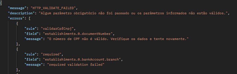 Retorno em caso de erro na validação do payload