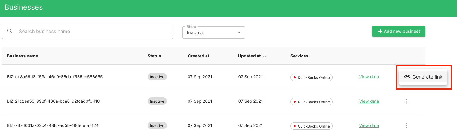 Dashboard - Generate Link for Existing Business.png Railz Dashboard - Generate Link. Click to Expand.