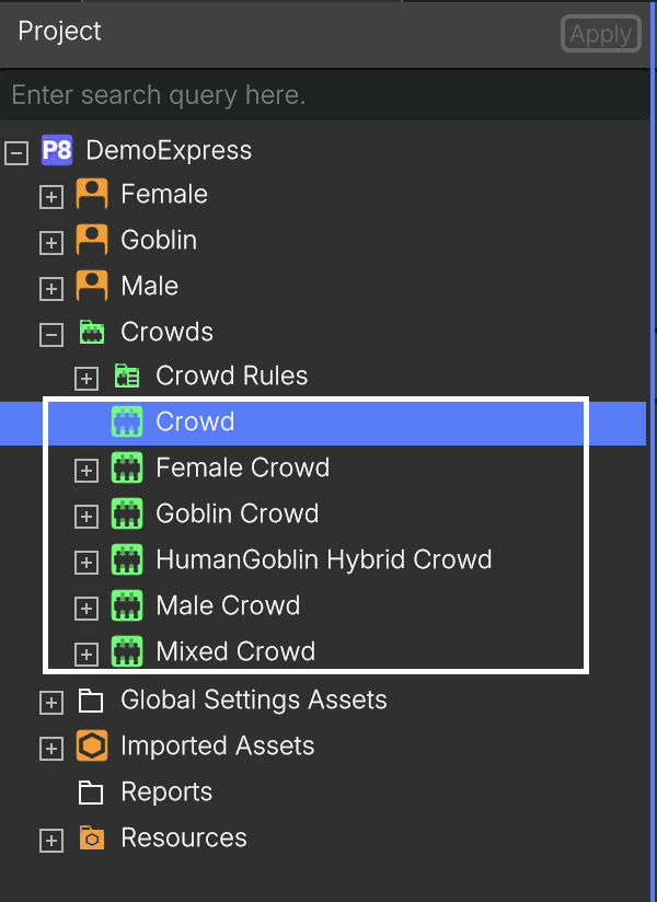 Locating the Crowds section on the Project tab.