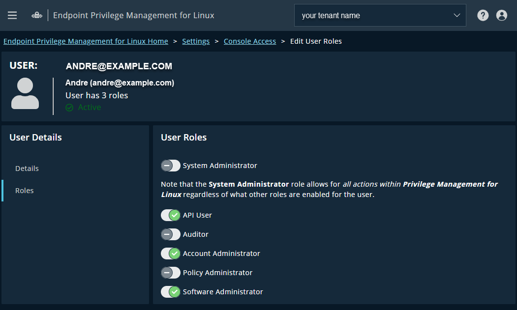 Assign roles to a user in EPM for Linux