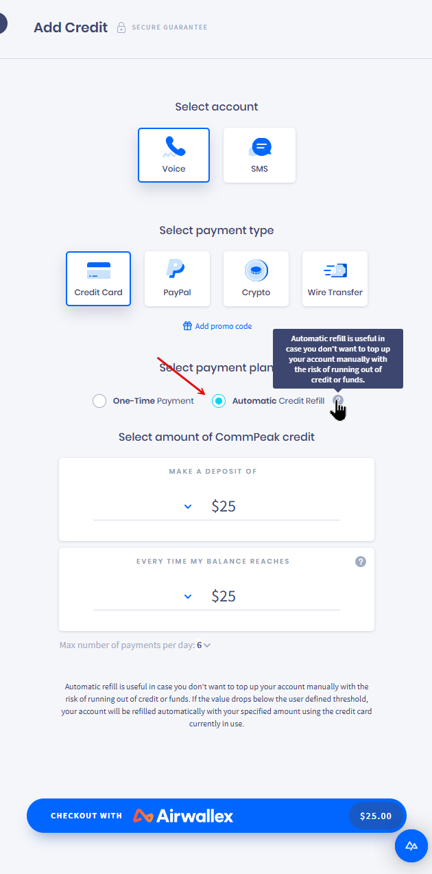 Screenshot of the Select payment method section: : Automatic Credit Refill