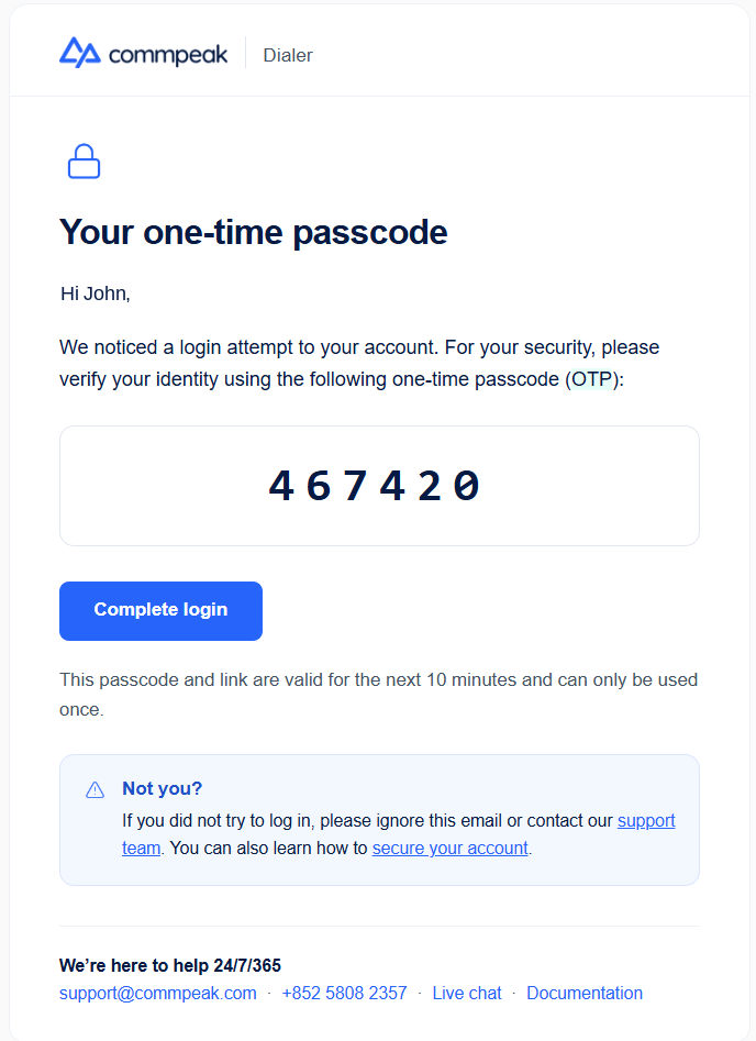 Screeshot of email with OTP code