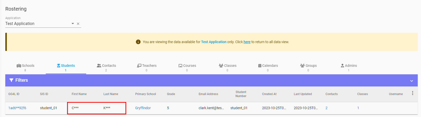 Student record with masked First and Last Name 