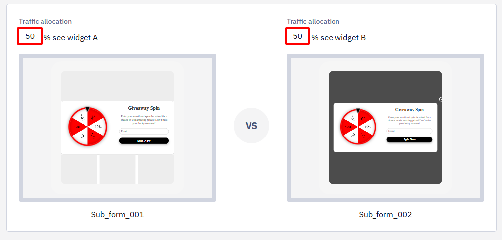 Traffic allocation field for widget A highlighted at 50%, next to widget A and widget B previews