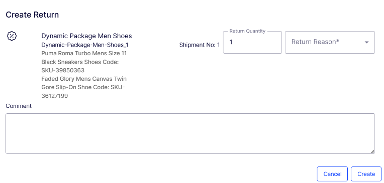 Screenshot of a dynamic package showing variant selection in a drop-down list.