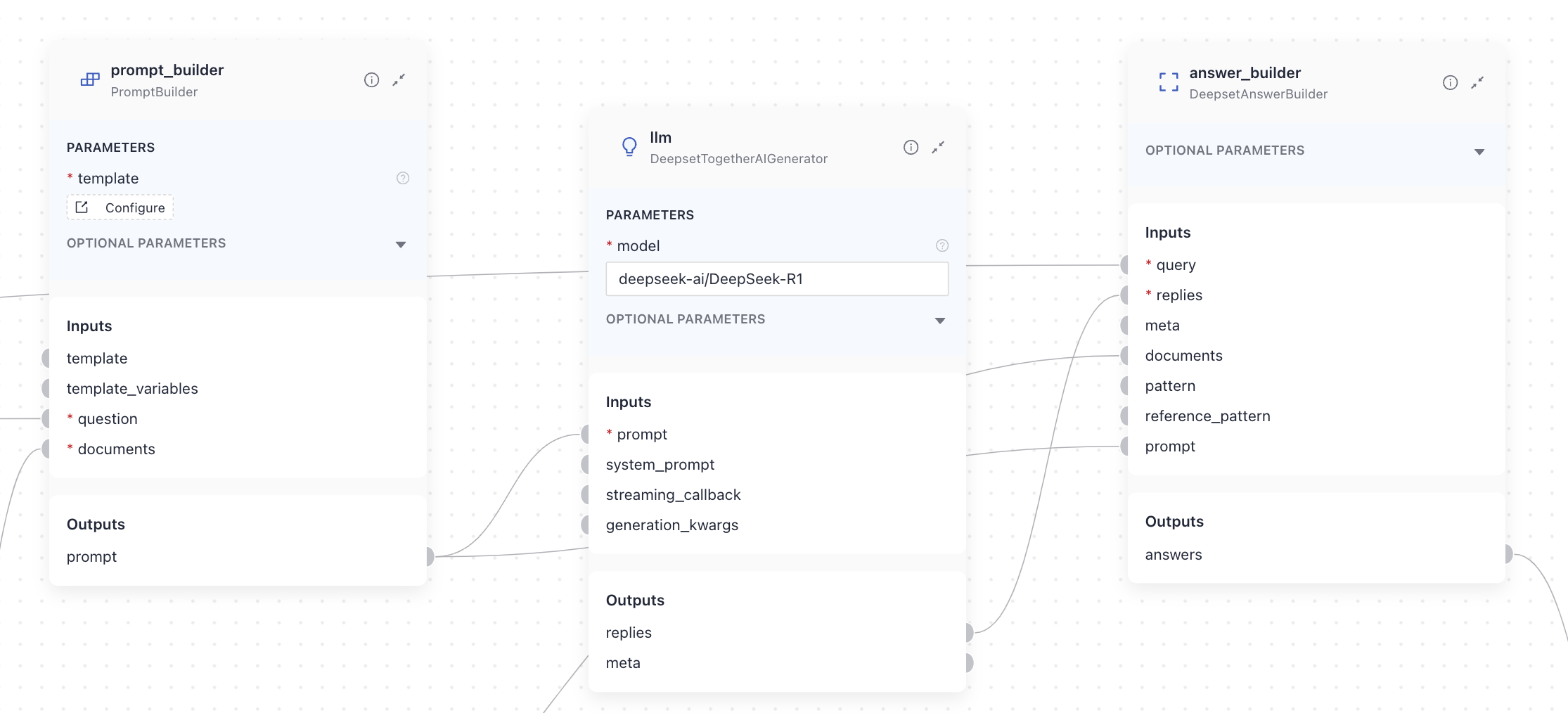 When building your pipeline in Pipeline Builder, simply drag `DeepsetTogetherAIGenerator` from the Connectors group onto the canvas. Then, connect its input `prompt` to `PromptBuilder` and output `replies` to `DeepsetAnswerBuilder`.