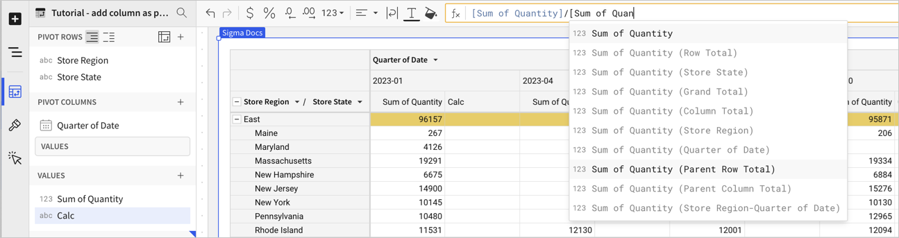 Values + menu open, with add new column shown at the top of the list.