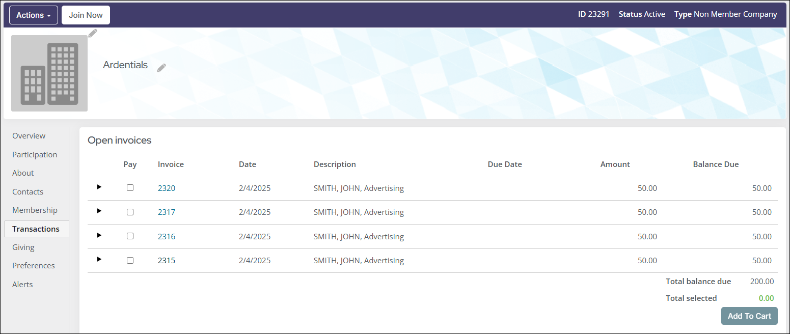 The invoice displays on the open invoices panel on the contacts account page.