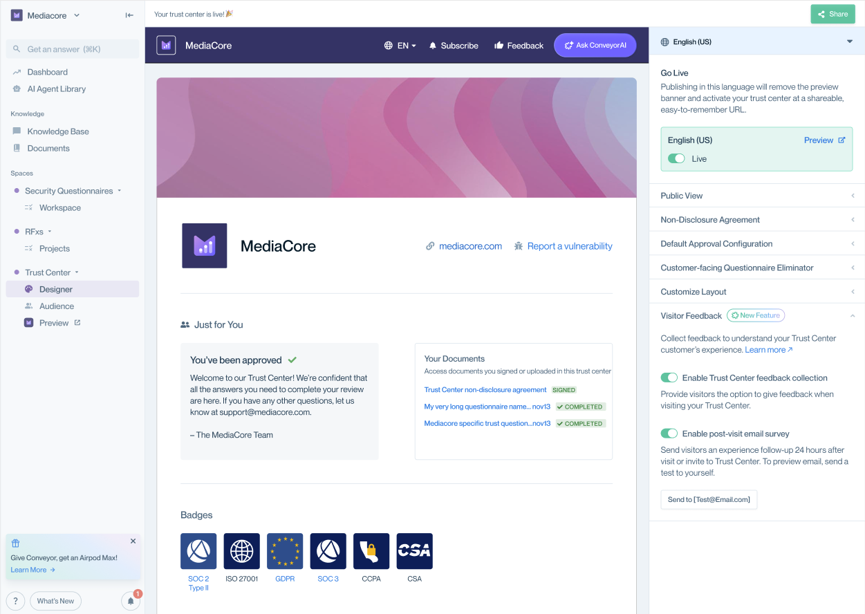 Visitor Feedback settings showing the toggle for "Enable post-visit email survey" and a button labeled "Send to {test@email.com}."