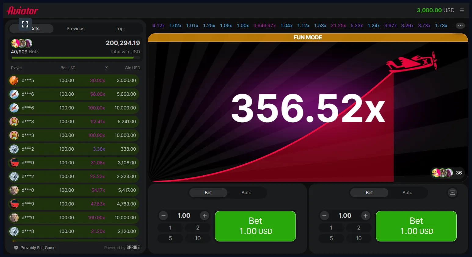 Aviator crash game interface showing a 356.52x multiplier with recent player bets and winnings in USD