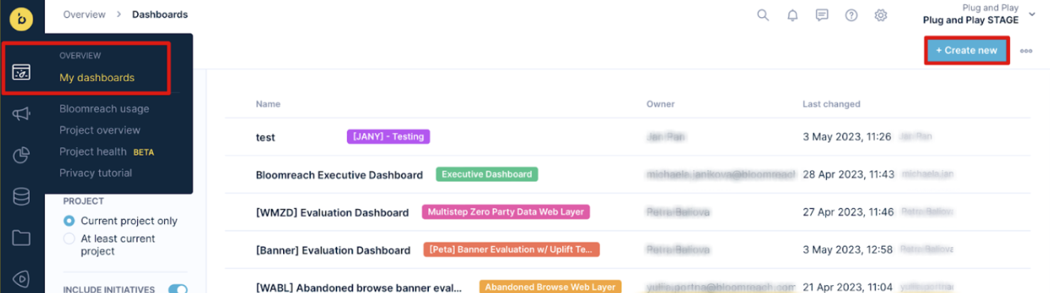 Dashboard template selection screen in the My dashboards view