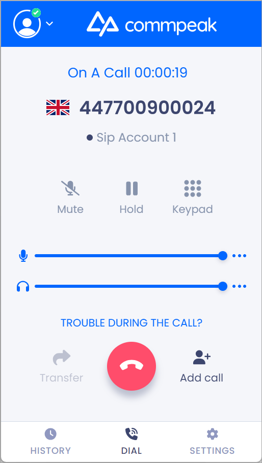 Screenshot of manual call in a softphone