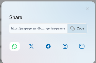 Payment-link sharing pop-up with copy, social platform and email options