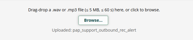 Screenshot of the confirmation banner: audio file uploaded