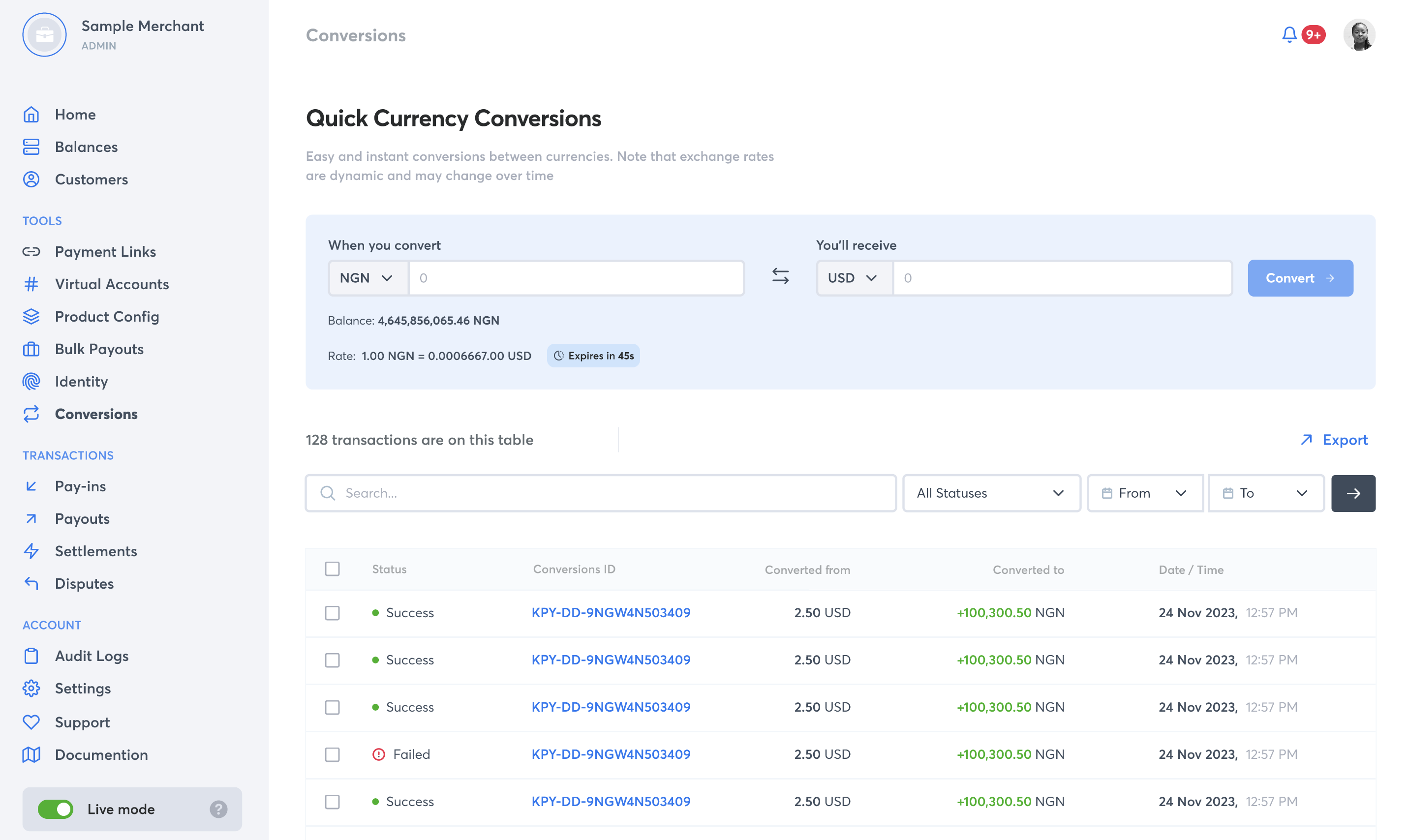 Image shows quick currency conversion on Kora's dashboard