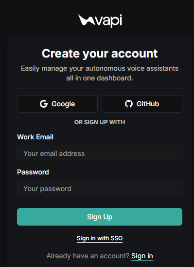 Screenshot with the Vapi sign up and sign in options