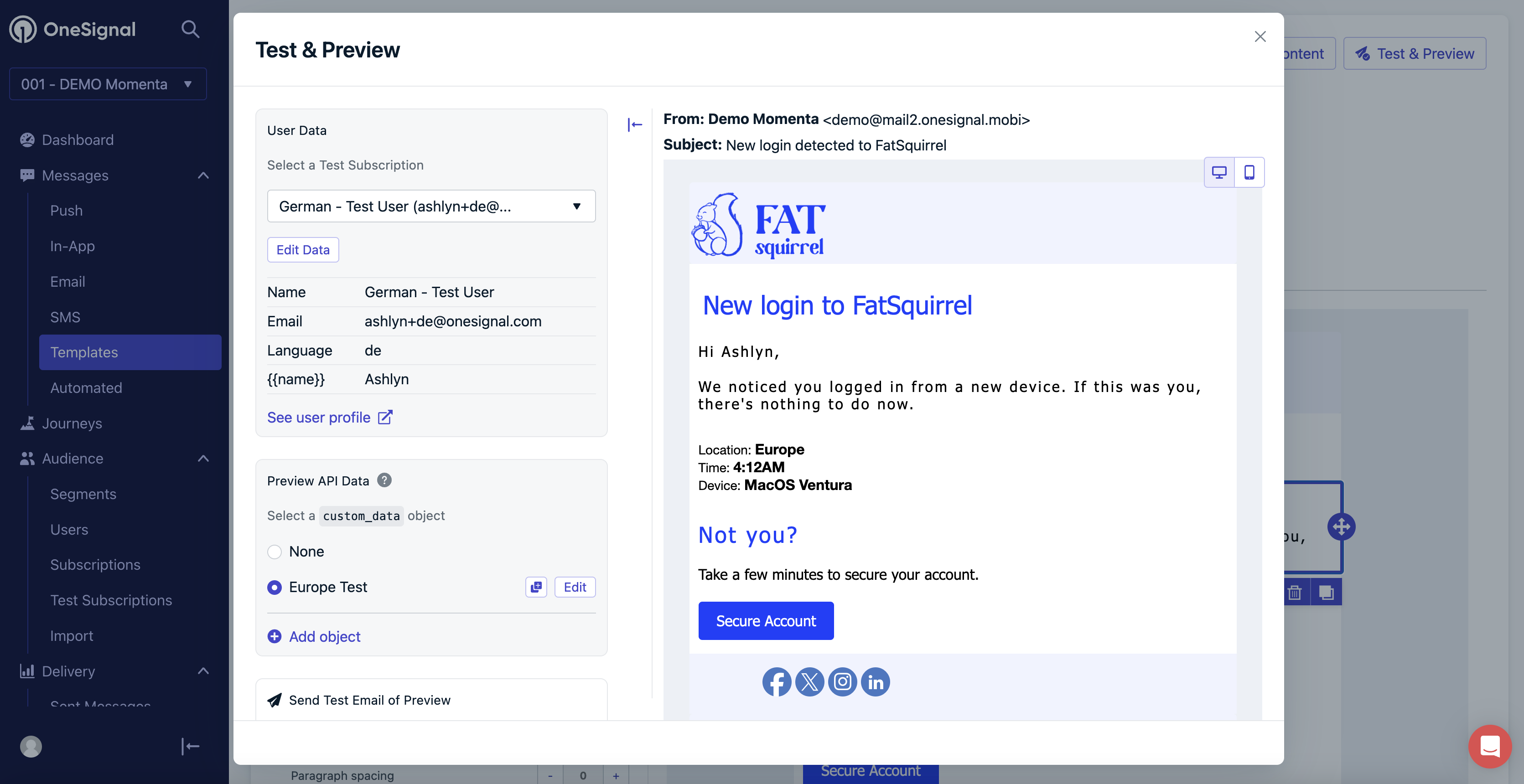 Test and preview modal showing a test user's content and a custom data object