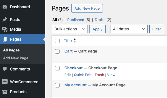 WordPress administration page, focusing the checkout page generated by WooCommerce by default