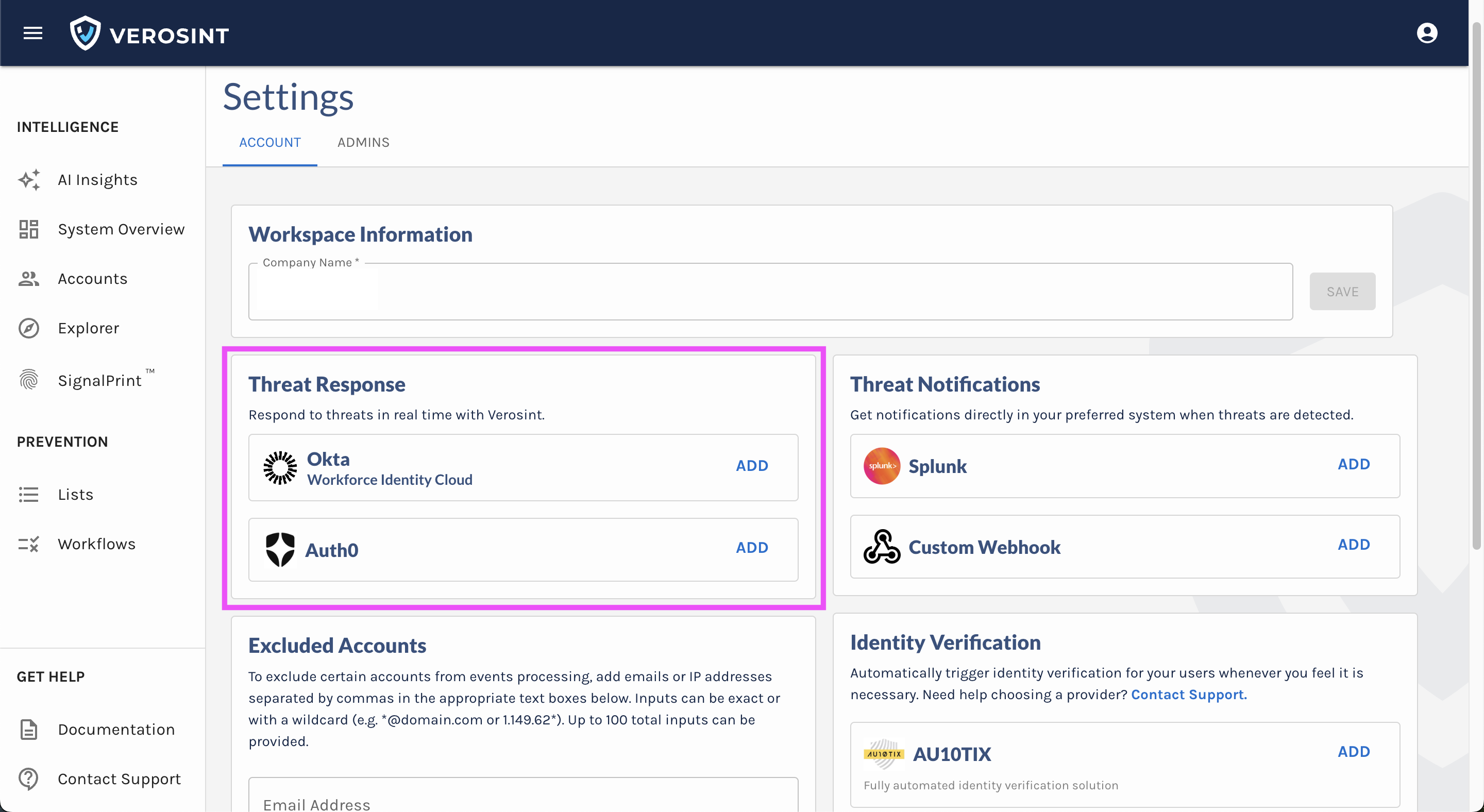 Set up the Verosint Threat Response in your workspace Settings