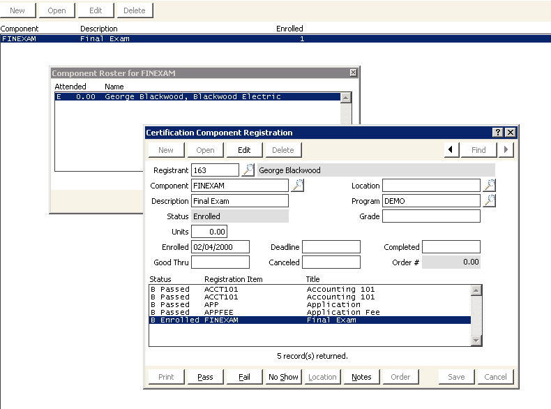 Desktop: Certification > Register a student > View Component List and Roster