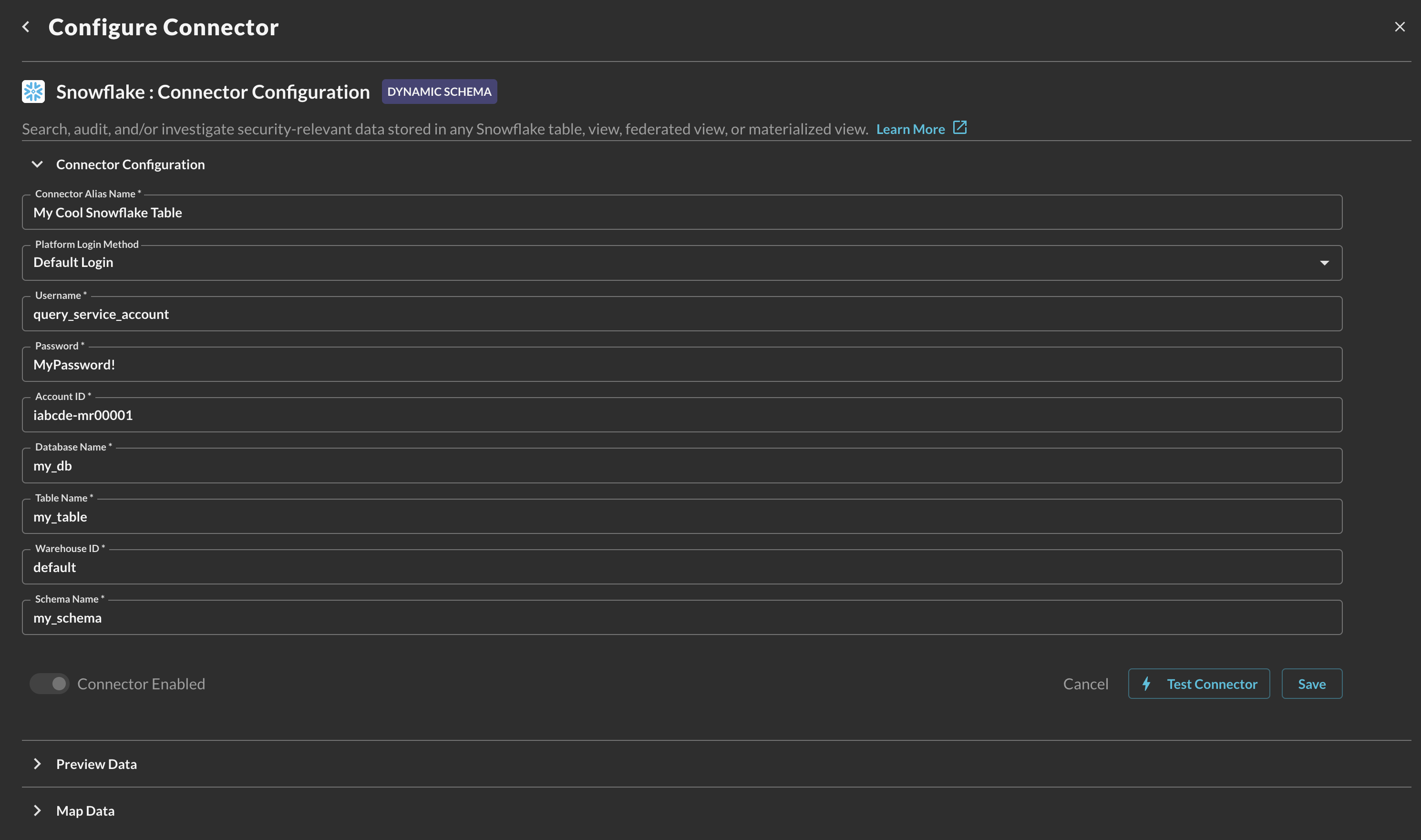 Fig. 8 - Snowflake Connector configuration