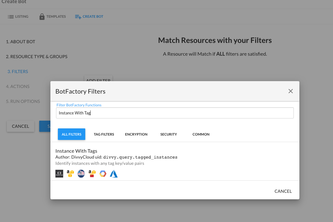 NewBot_AddFilters.png Create Bot - Select Filters