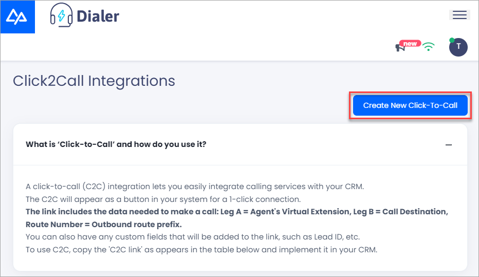 Screenshot with the Create New Click2Call button