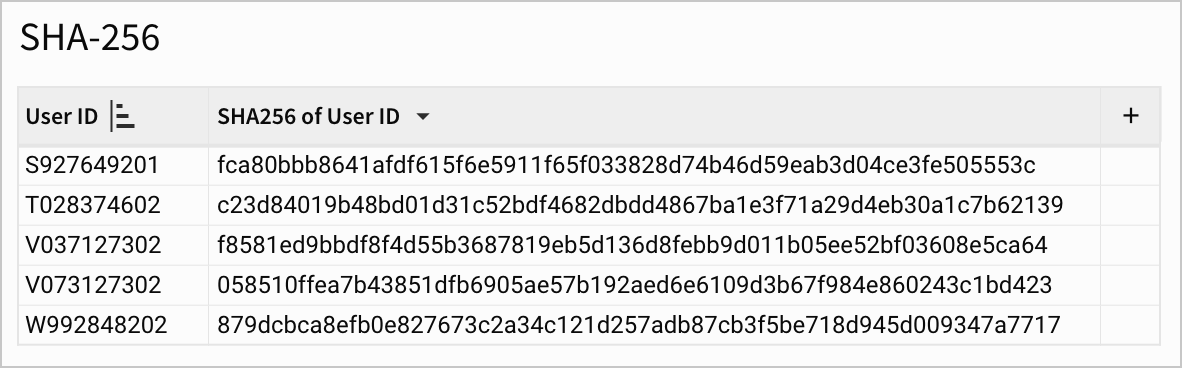 Two column table, one column containing User IDs, the second column containing the SHA256 of each User ID.