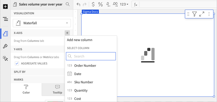 Select the plus to add a Y-axis column, then search for the column that you want to add.