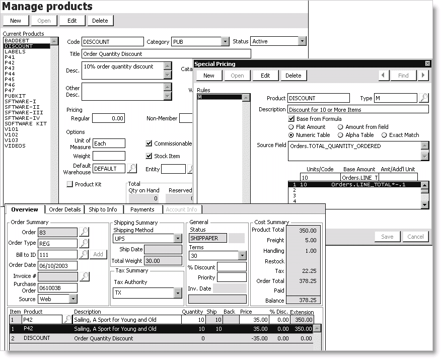Example of a total quantity discount that has been defined and applied to an order