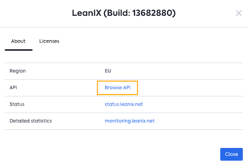 Navigate to the OpenAPI Explorer from the user menu (About LeanIX option)
