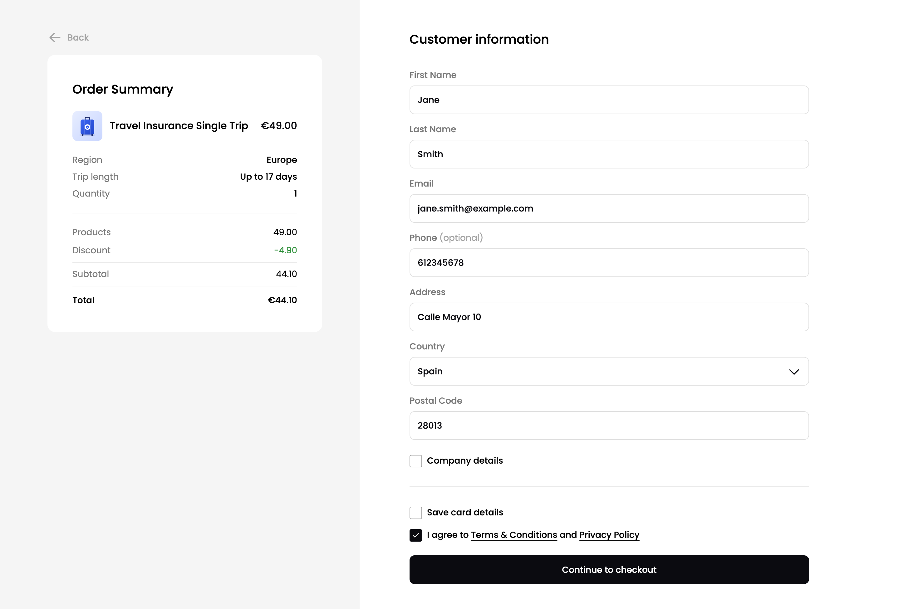 The Customer information step with the order summary