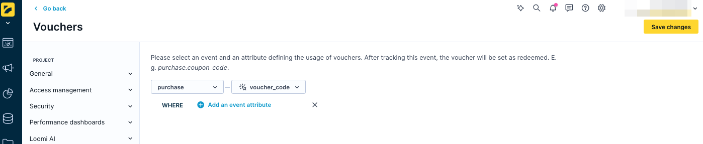 Vouchers mapping screen in Project Settings showing the voucher_code attribute mapped to a purchase event