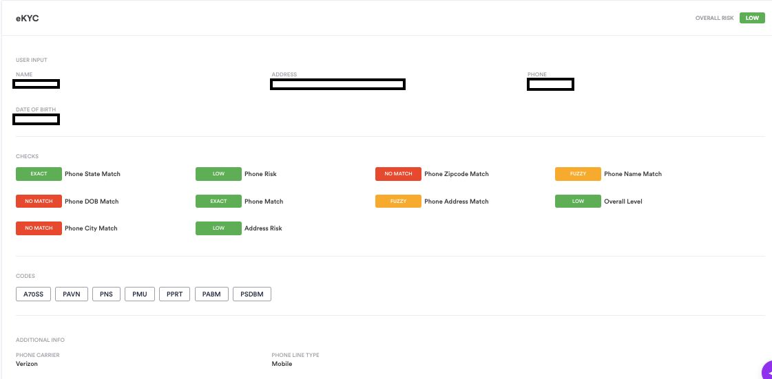 eKYC single session dashboard result