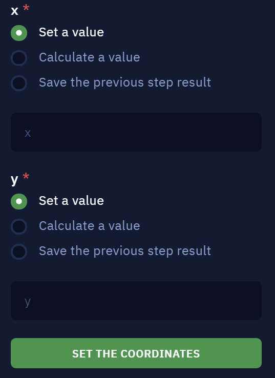 The parameters that define the spot coordinates