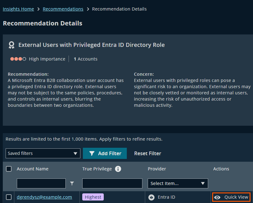 The recommendation details page showing external users with privileged Entra ID directory roles. It mentions concerns about potential security risks posed by these users and displays account information and action options. The Quick View button is highlighted.