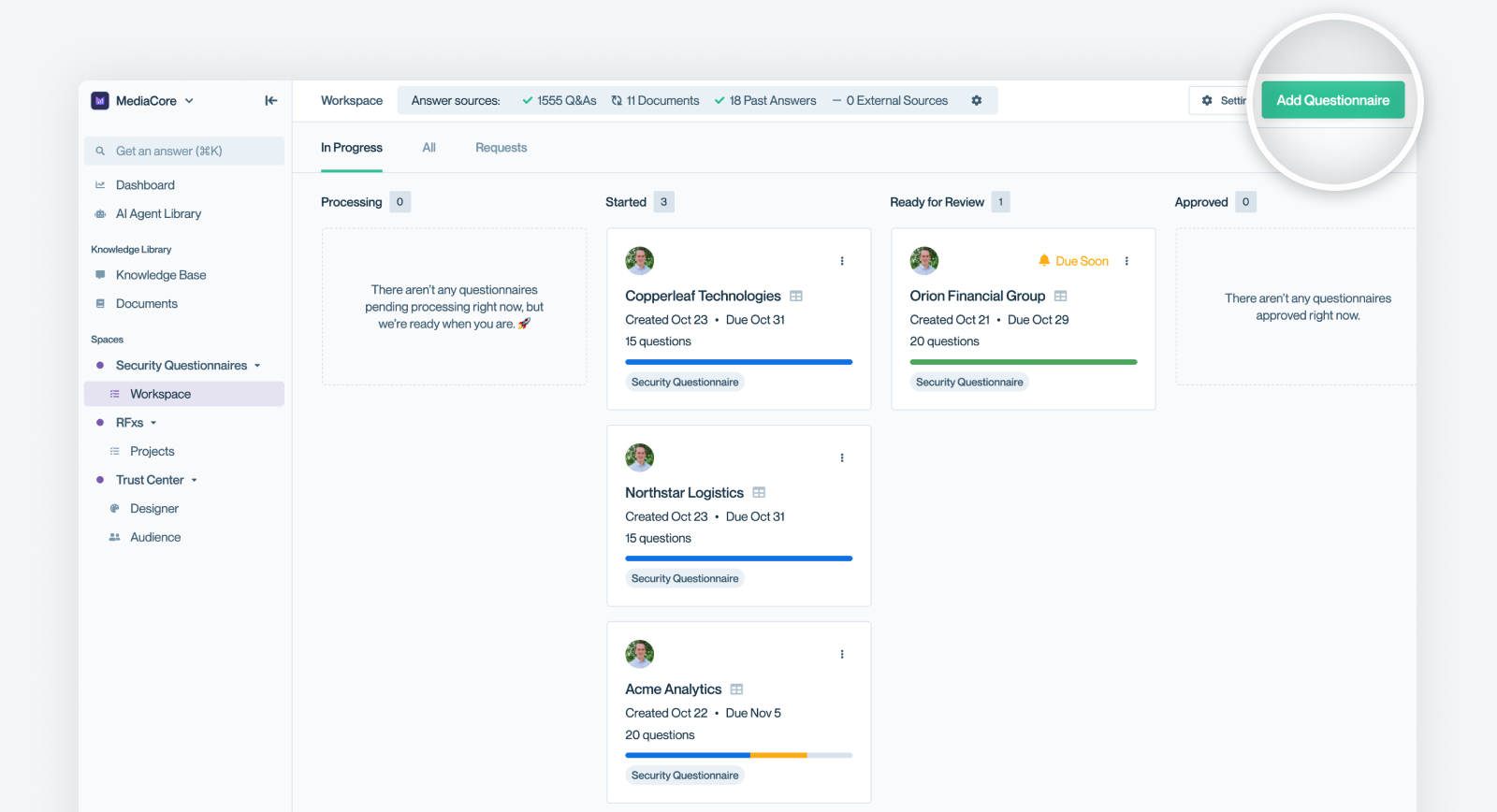 The “Add Questionnaire” button in Conveyor.