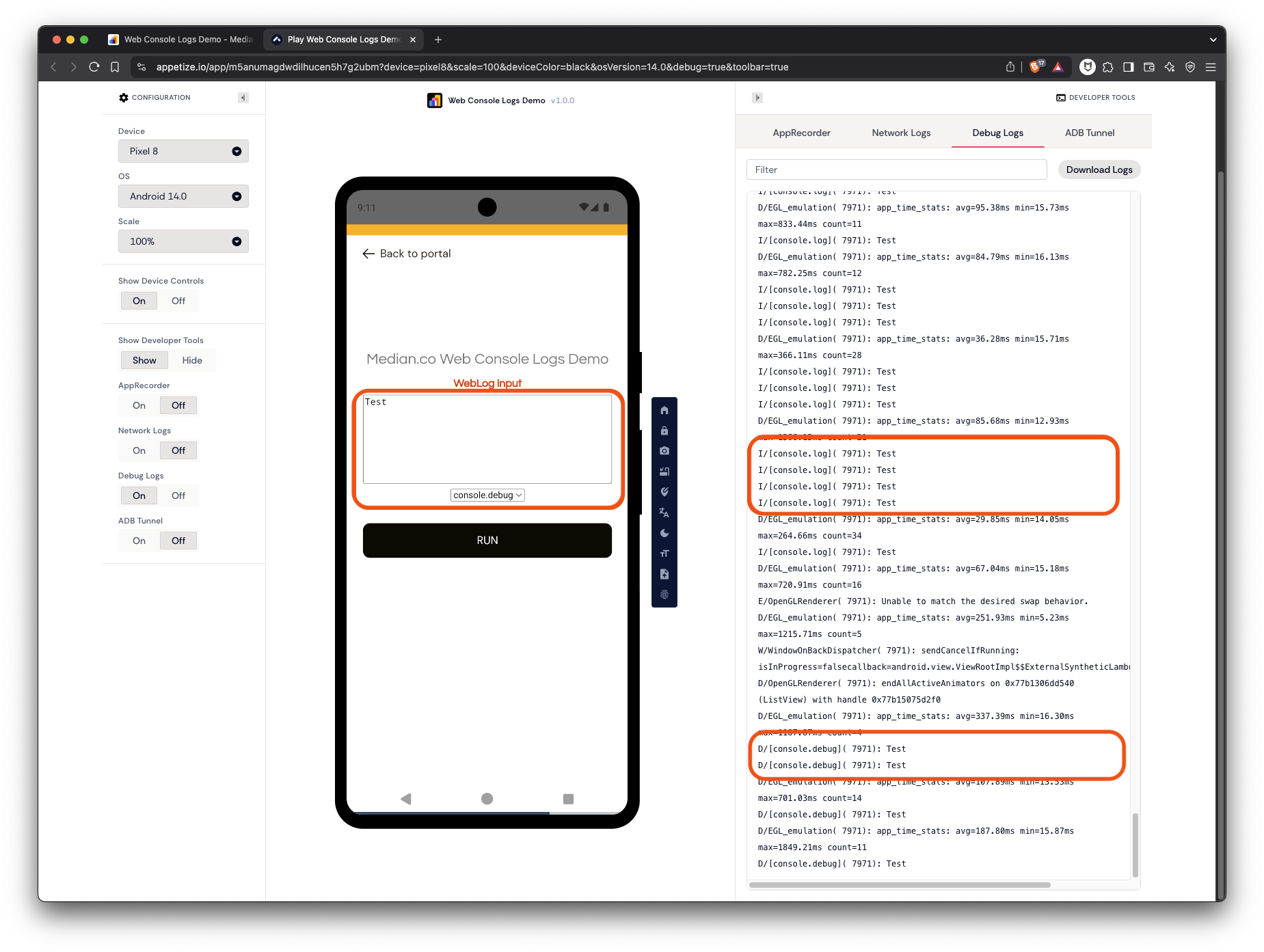 Viewing JavaScript console via Appetize