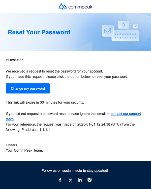 Screenshot of email with password reset link