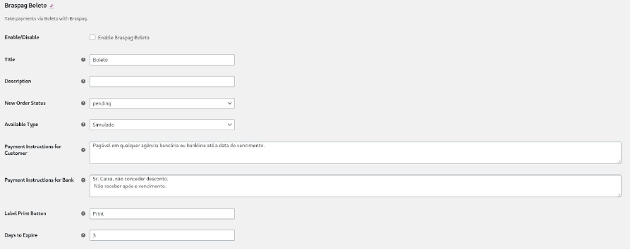 Tela de configuração de Boleto