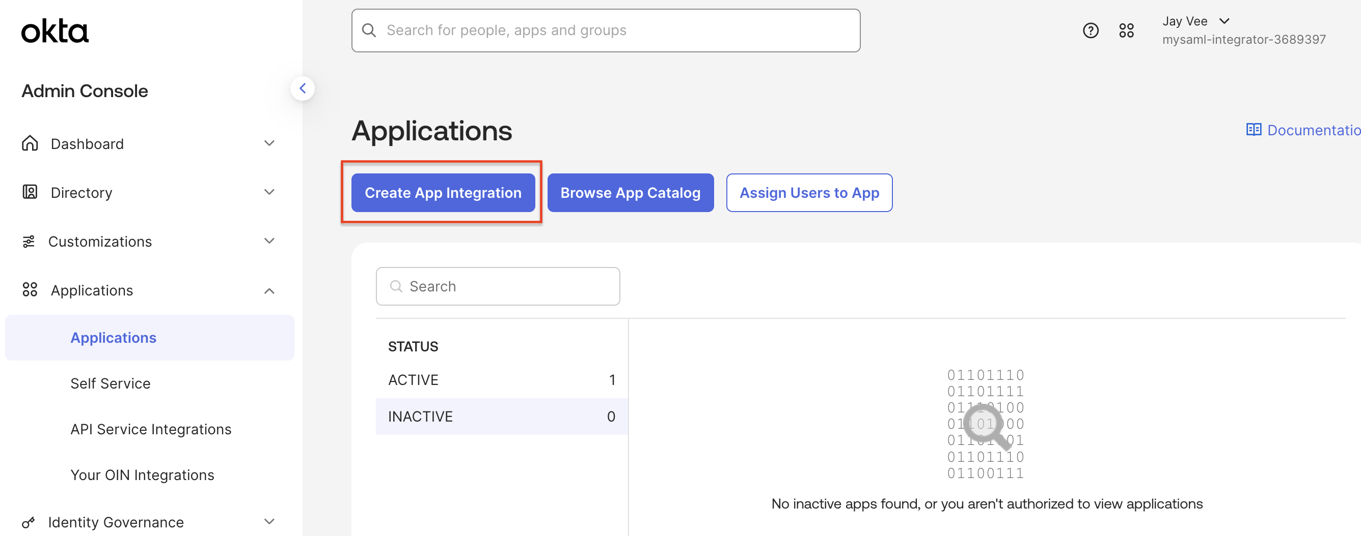 Okta: Applications UI with the Create App Integration button