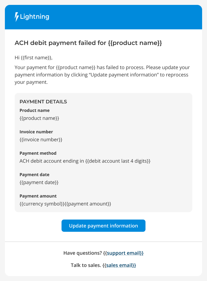 An example email template for a failed schedule ACH payment notification sent by Salesbricks.